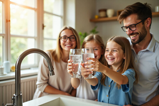 Happy family of four enjoying fresh clean water at home kitchen celebrating healthy lifestyle together with smiling parents and children
