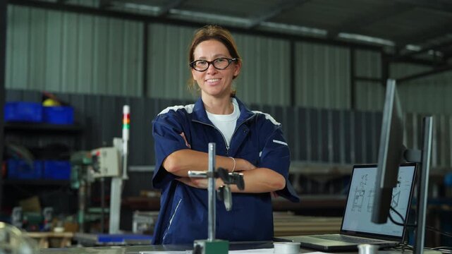Caucasian woman engineer, arms crossed&mdash;confident portrait in industrial plant, technology, teamwork, leadership, professional occupation.

