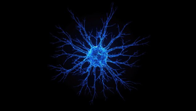 Blue Neuron with Branching Dendrites on Black Background