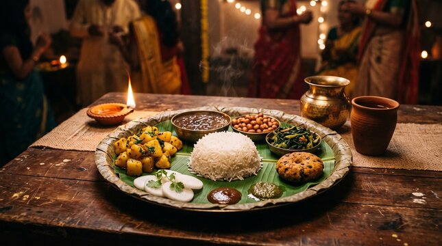 Indra Jatra food, a traditional Newari platter of Samay Baji including beaten rice, roasted meat, and black soybeans on a leaf plate
