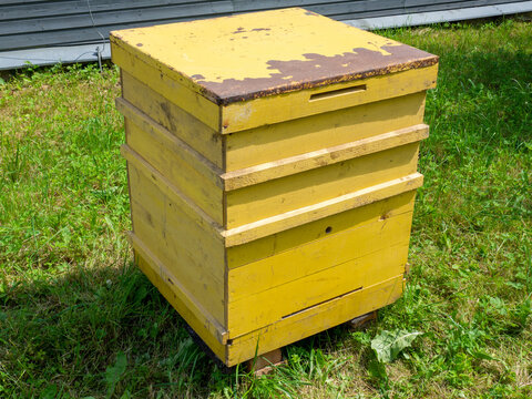 A weathered yellow wooden beehive with a rusty metal roof standing on a grassy lawn beside a modern wooden building. The traditional multi-box hive shows signs of long-term outdoor use
