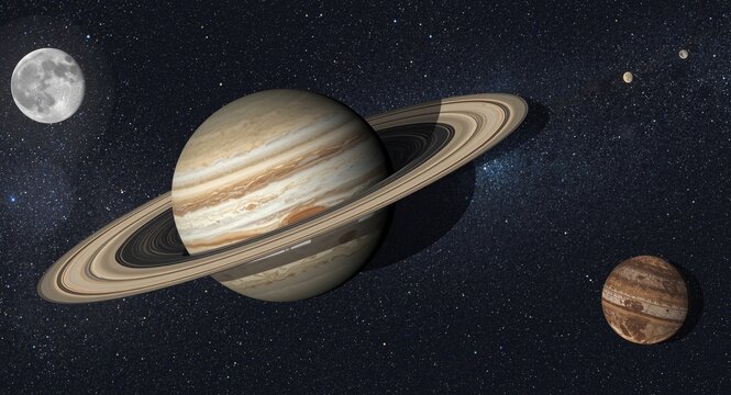 Jupiter and Saturn in Space with Surrounding Moons and Stars