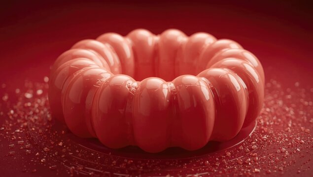 Glossy Red Jelly Mold on a Shiny Surface with Sparkling Sugar Crystals