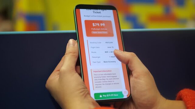 Hands book a budget airline ticket by phone, showing the full digital journey from fare details to payment approval and confirmed travel purchase.