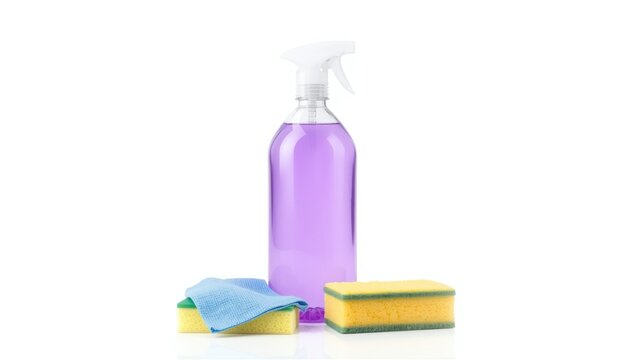 Cleaning Spray Bottle with Sponges and Cloth on White Background