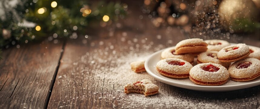 Homemade Cookies with Jam on a Plate Dusting Sugar on a Wooden Table at Christmas