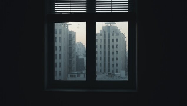 View of buildings through a window with blinds