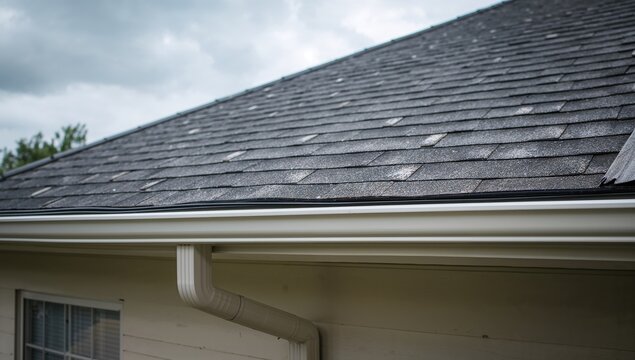 Roof with Shingle Tiles and Gutter Under Cloudy Sky