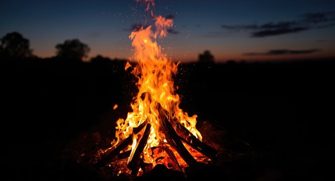Campfire Flames at Dusk - Outdoor Setting, Warm Glow, Evening Atmosphere