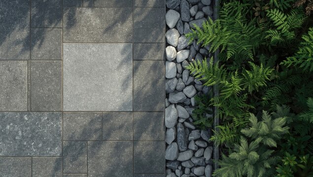 High angle view of textured stone paving in grey shades bordered by smooth pebbles and lush greenery in stylish garden setting