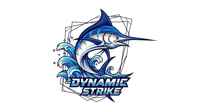 blue marlin fish logo with dynamic strike text