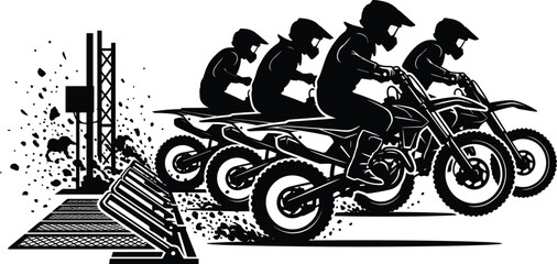 Black and white silhouette of motocross riders accelerating off the starting gate with flying dirt © MdOsiar