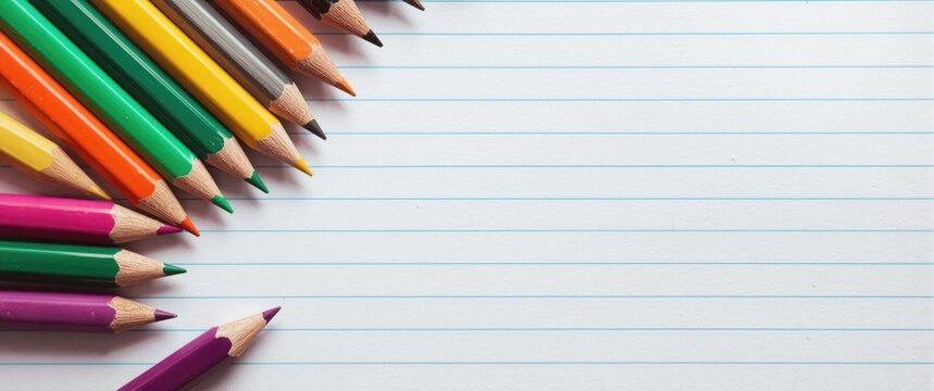 Colorful Pencils Arranged on Lined Paper in Top View