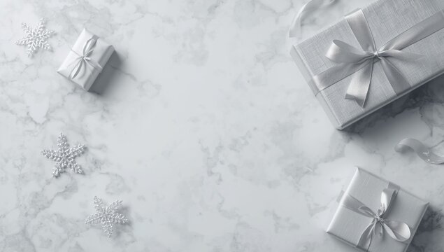 Elegant White Gift Boxes on Marble Surface with Snowflakes