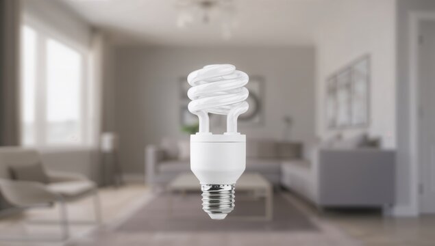 Spiral Fluorescent Light Bulb Hanging in a Modern Living Room Interior