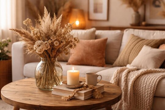 Dried Flower Bouquet with Candle on Coffee Table in Cozy Living Room