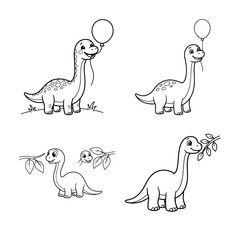 Cartoon dinosaurs with balloons and foliage black and white vector illustration © MDJION