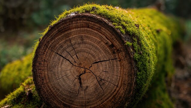 Moss Covered Tree Log with Cracked Bark in a Forest Setting