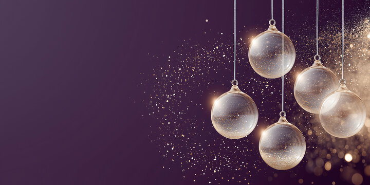 Luxury Christmas and New Year Banner with Glass Ornaments on Royal Purple Background
