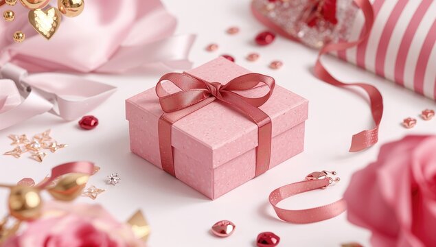 Pink Gift Box Tied with Ribbon Surrounded by Decorative Elements and Flowers