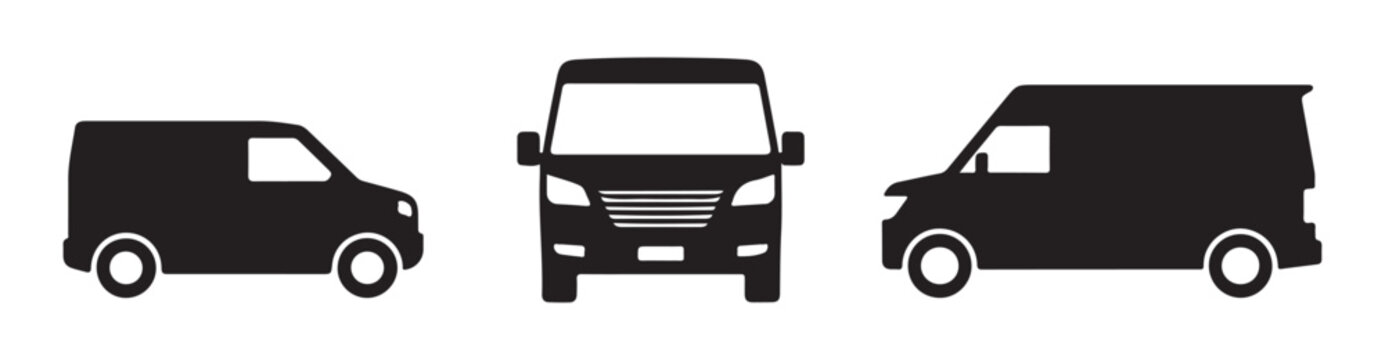 Black silhouette of cargo van, front and side views isolated on transparent background for design.