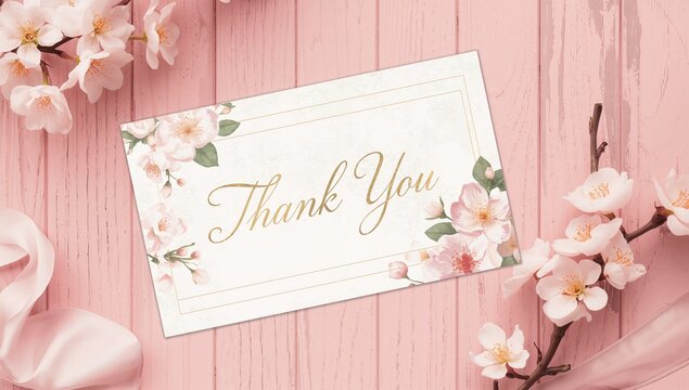 Thank You Card with Floral Design on Pink Wooden Background