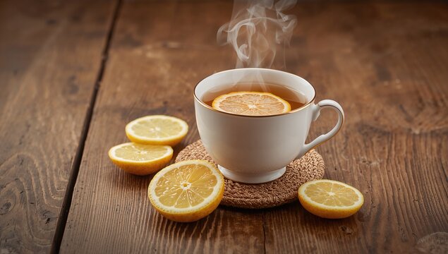 Hot Tea with Lemon Slices on a Wooden Table with Steaming Aroma