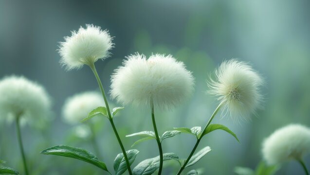 Selective focus on an opened dandelion flower and buds against a green blurred background stock photo.