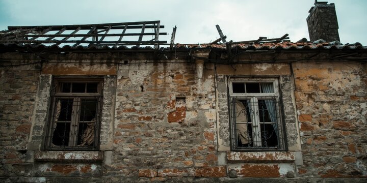 Abandoned Stone House with Broken Windows and Collapsed Roof Under Cloudy Sky