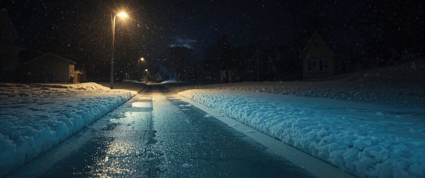 Snowy Street Scene at Night with Streetlights Illuminating Wet Pavement