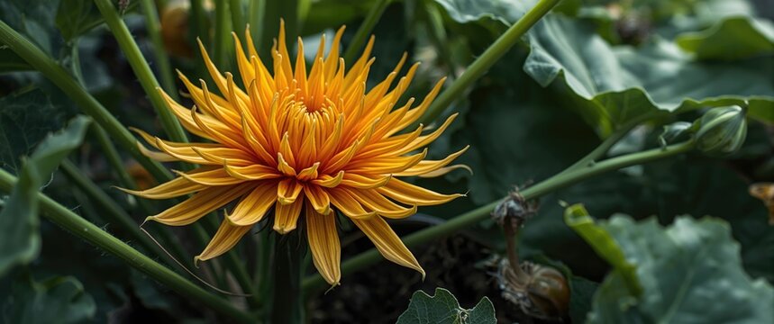 Yellow dahlia flower blooming in a garden