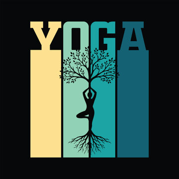 Yoga Woman Tree Pose Silhouette with Vintage Typography Background