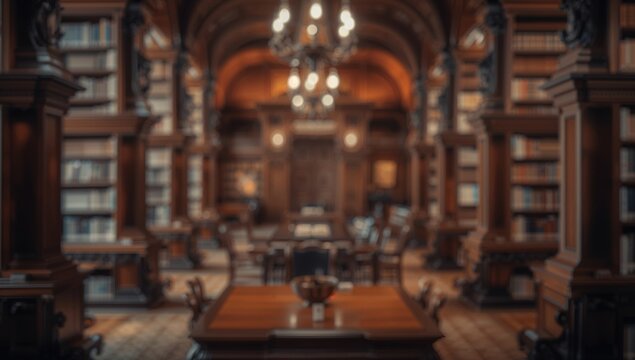 Elegant Library Interior with Wooden Shelves and Chandelier Lighting