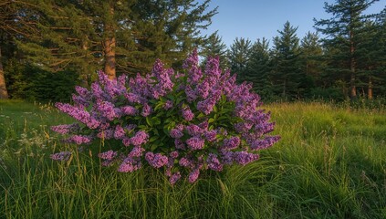Obraz premium Lilac Bush in Full Bloom Surrounded by Green Grass and Trees at Sunset