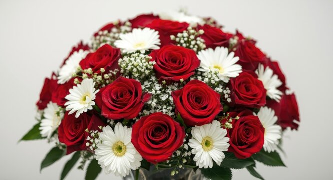 Red Roses and White Daisies Bouquet on Neutral Background