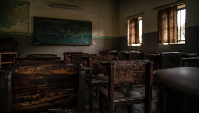 Abandoned Classroom with Old Wooden Desks and Faded Chalkboard in Dim Light