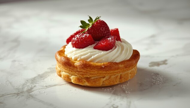 Strawberry Tart with Whipped Cream - Marble Background, Soft Light