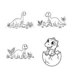 Dinosaur illustrations black and white line art on a white background © MDJION