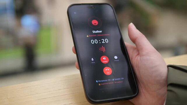 Suspicious call warning identifies a possible stalker, reflecting online abuse, personal security, caller screening and real-time protection technology.