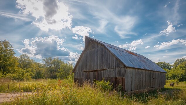 Weathered Barn Surrounded by Wildflowers Under a Bright Sky