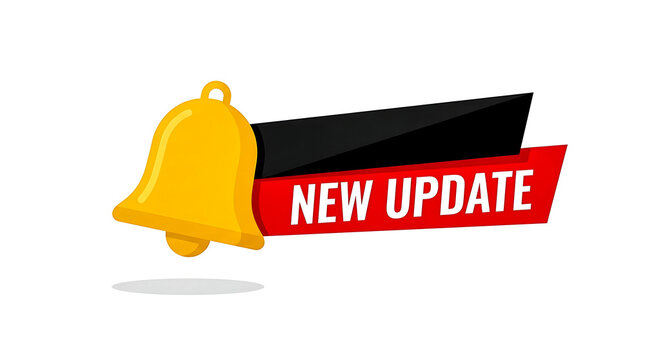 Golden notification bell with 'New Update' text on a red and black banner against white background