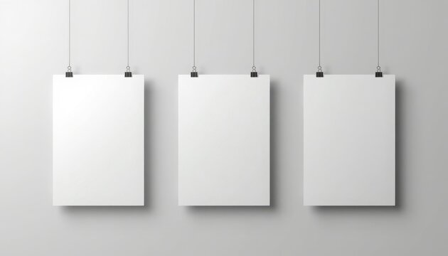 Three blank white vertical posters hanging on a gray wall with binder clips, mockup for design presentation