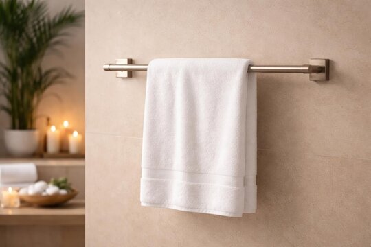 White Bath Towel Hanging on Rack - Serene Bathroom Setting, Soft Lighting, Relaxing Atmosphere