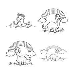 Dinosaurs With Rainbows And Flowers Black And White Vector Illustration © MDJION