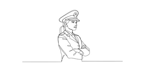Fototapeta premium Continuous single line drawing of a female soldier with a military hat and uniform