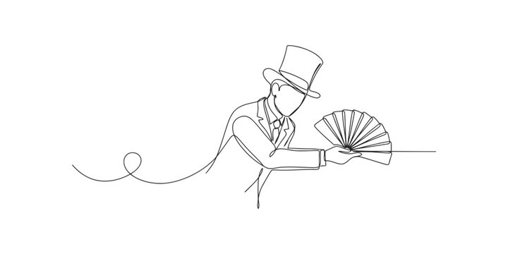 Continuous single line drawing of a magician wearing a top hat and holding a folding hand fan