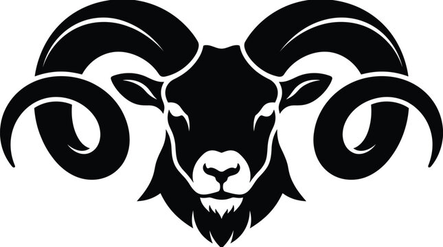 Black and white vector silhouette illustration of a majestic ram head with large curled horns