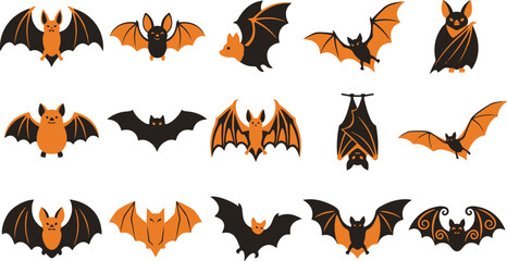 Fototapeta premium Set of various flying bats isolated on white background for festive haloween decorations and spooky graphic design projects