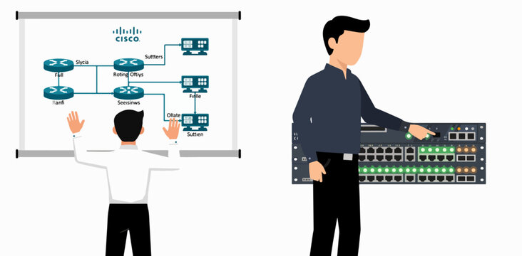 Network engineer explaining Cisco network topology with switch hardware