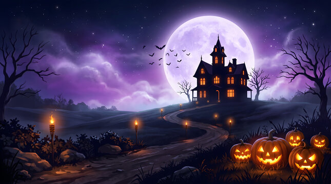 Spooky halloween haunted house on a hill with a full moon, glowing jackolanterns, and a winding path at night, atmospheric purple sky